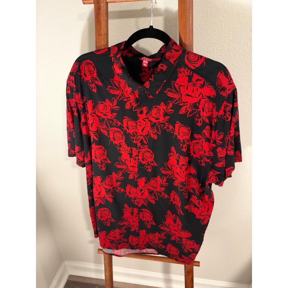 Guess Los Angeles Mens XXL Black Red Rose Floral Short Sleeve Button Down Shirt